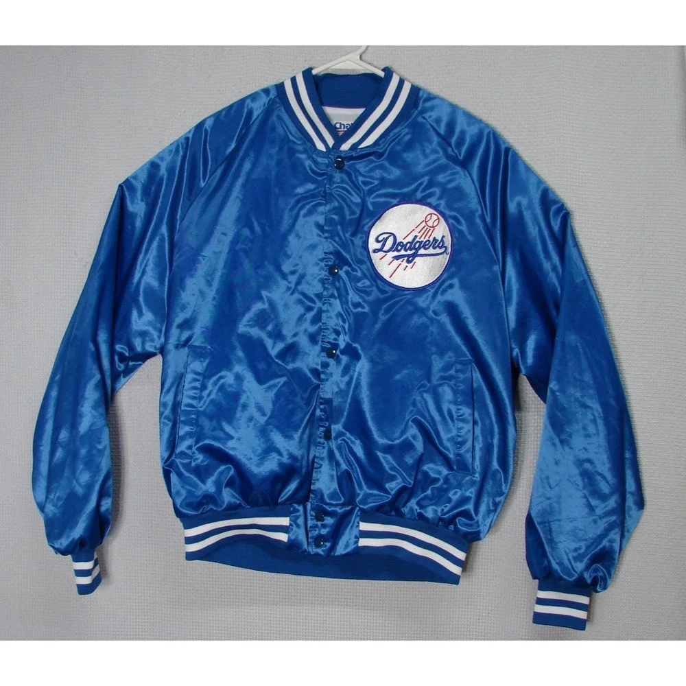 Vtg Chalk Line Los Angeles Dodgers MLB Blue Satin Snap Front Bomber Jacket Sz XL